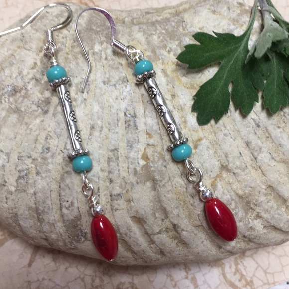 cocovalli handmade Jewelry - Silverplated red coral long earrings turquoise